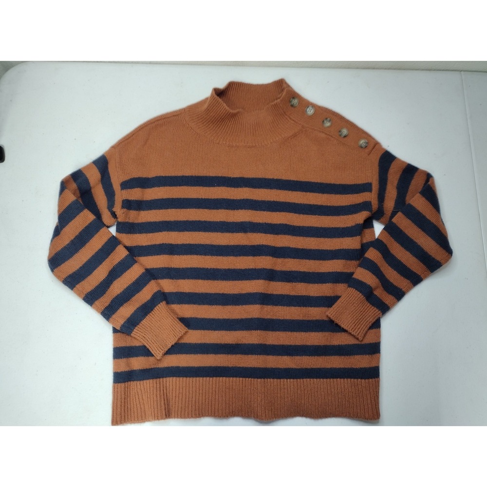 LOFT Womens Small Orange Navy Blue Striped Mock Neck Button Shoulder Sweater